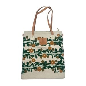 ERIN FLETT Canvas Tote Bag Hand Printed Floral Pattern Zip Top Leather Straps